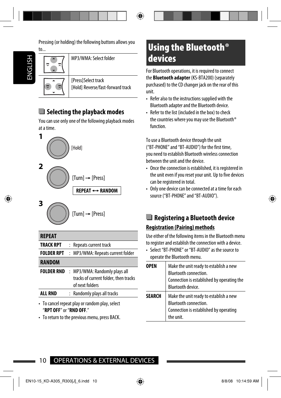 Using the bluetooth ® devices, Selecting the playback modes, Registering a bluetooth device | JVC KD-A305/KD-R300 User Manual | Page 10 / 111