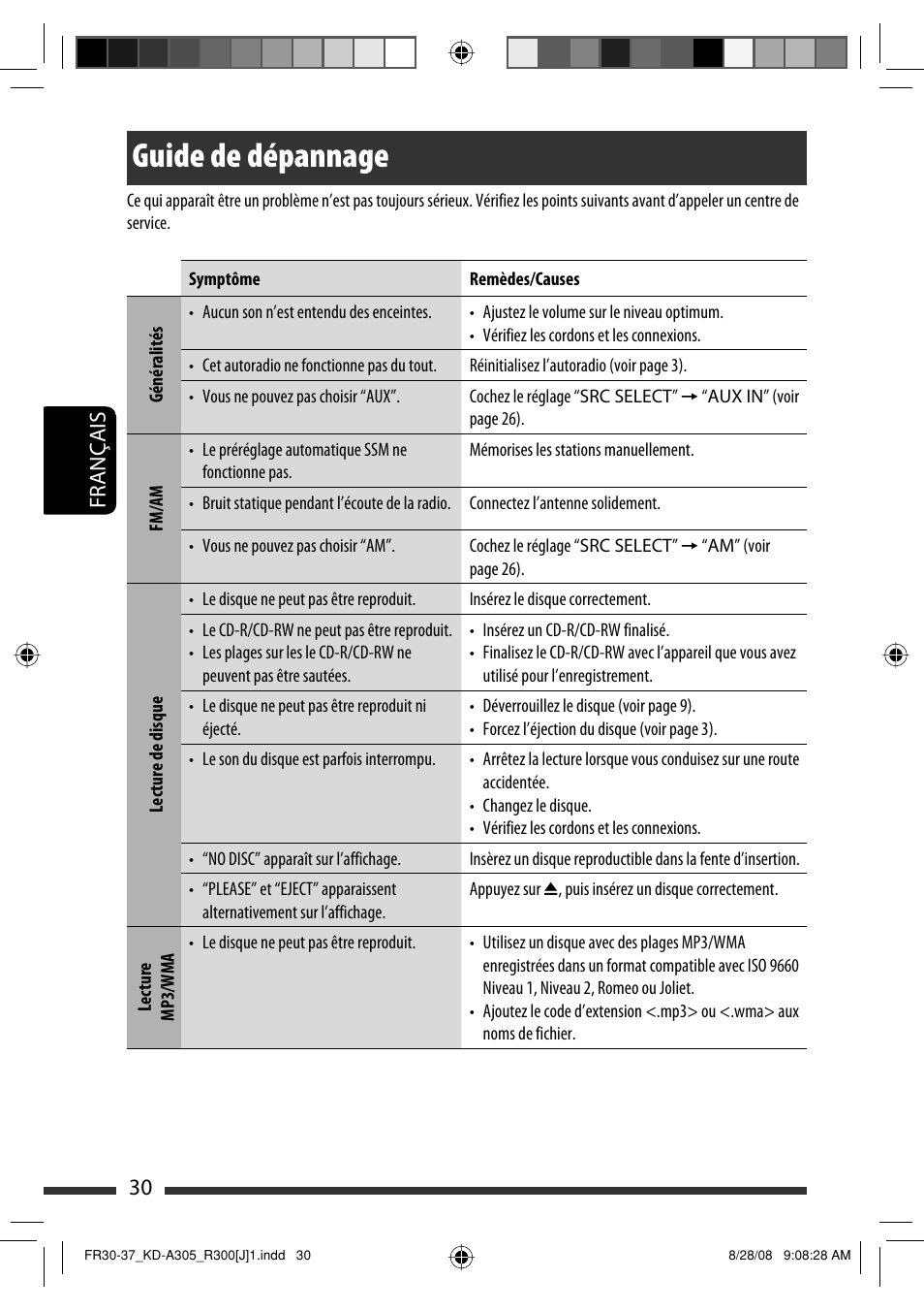 Guide de dépannage, 30 français | JVC KD-A305/KD-R300 User Manual | Page 102 / 111