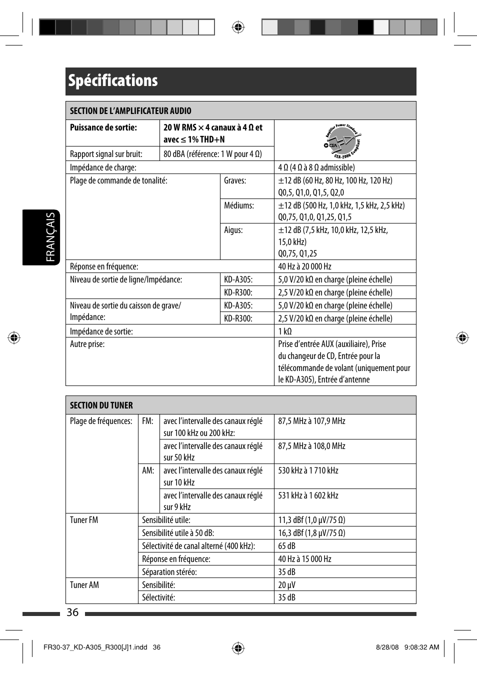 Spécifications, 36 français | JVC KD-A305/KD-R300 User Manual | Page 108 / 111