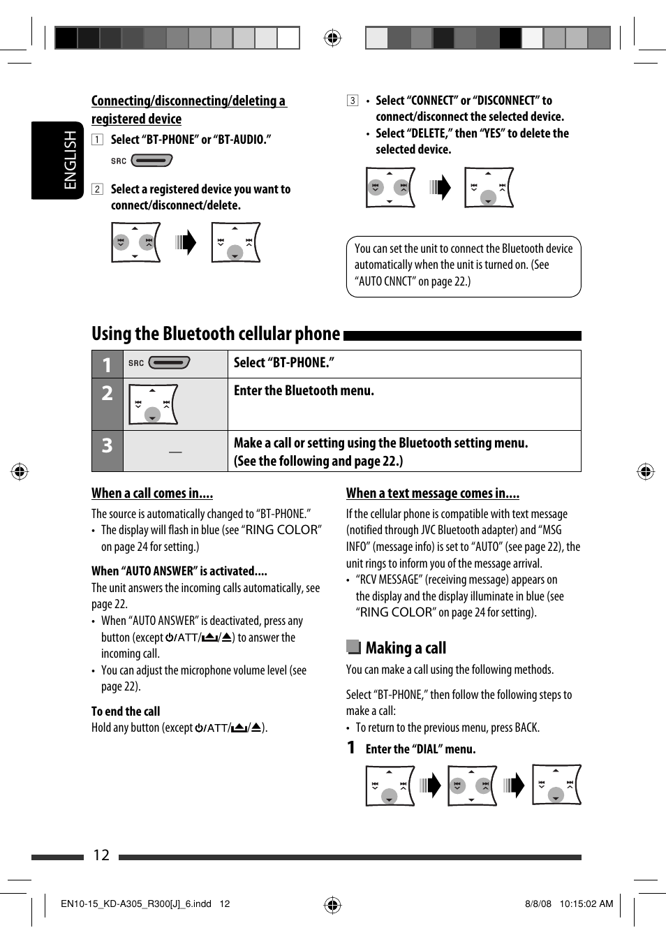 Using the bluetooth cellular phone, Making a call | JVC KD-A305/KD-R300 User Manual | Page 12 / 111