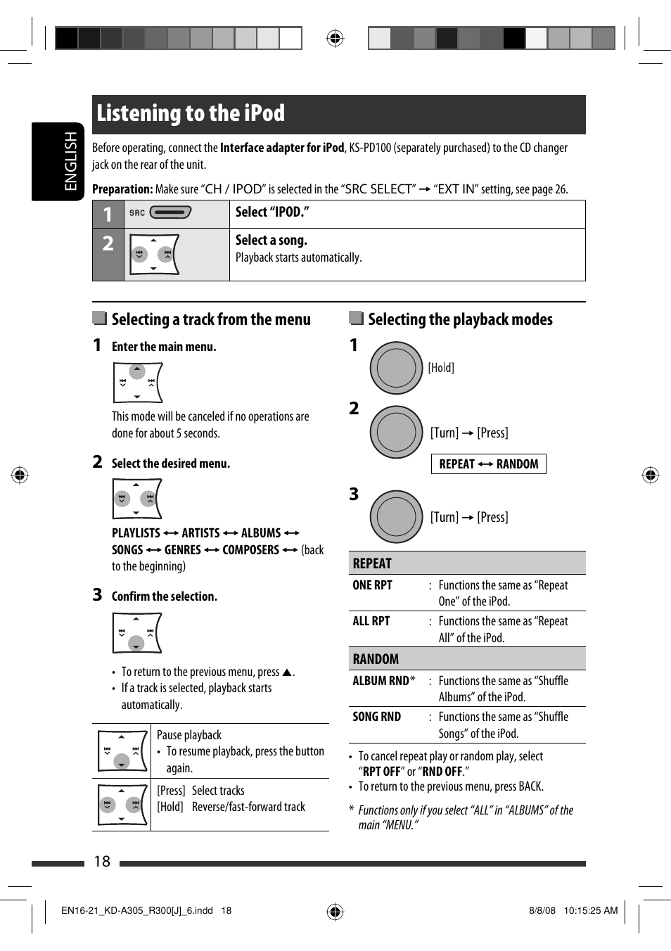 Listening to the ipod, Selecting a track from the menu, Selecting the playback modes | JVC KD-A305/KD-R300 User Manual | Page 18 / 111