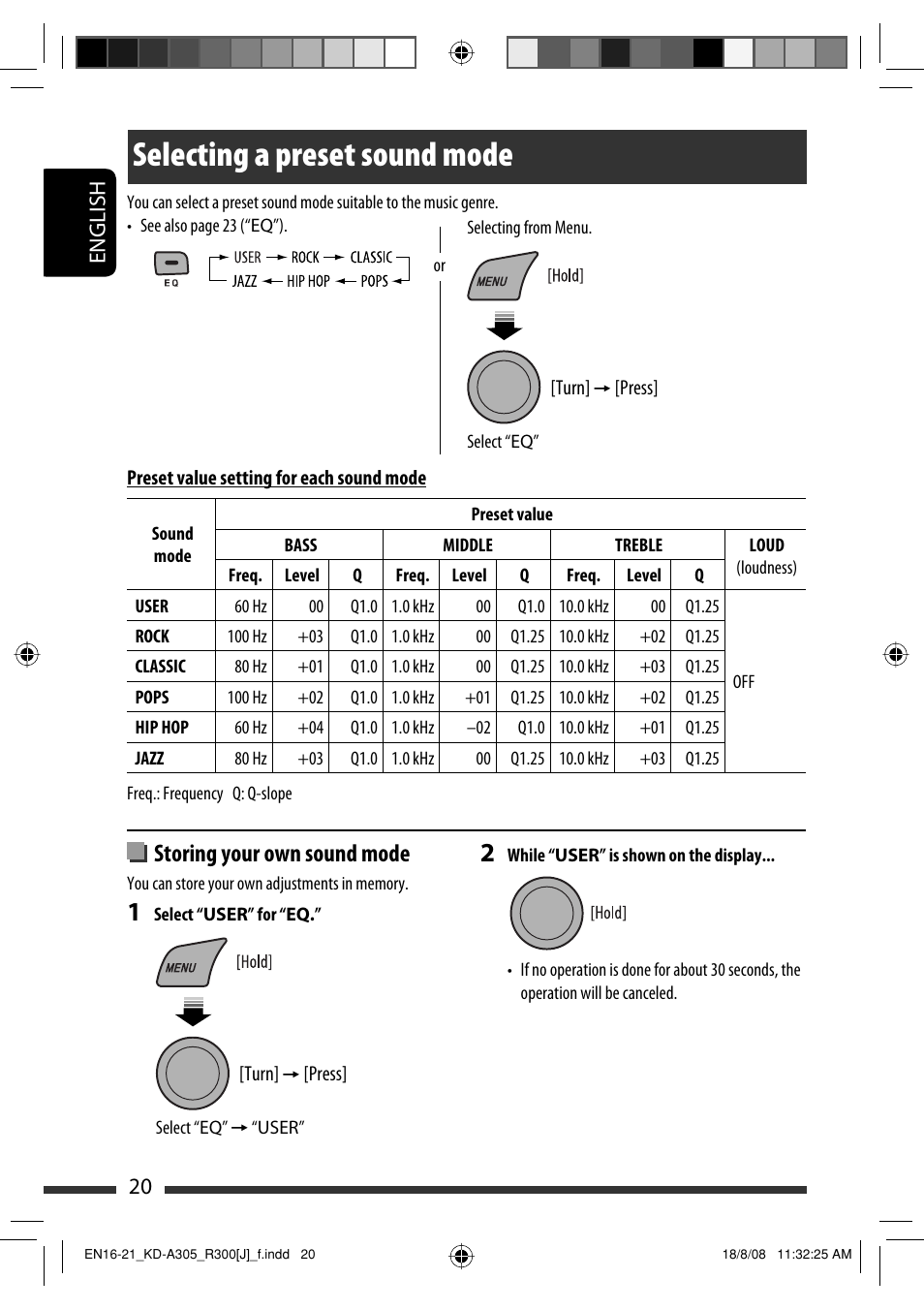 Selecting a preset sound mode, Storing your own sound mode, English 20 | JVC KD-A305/KD-R300 User Manual | Page 20 / 111