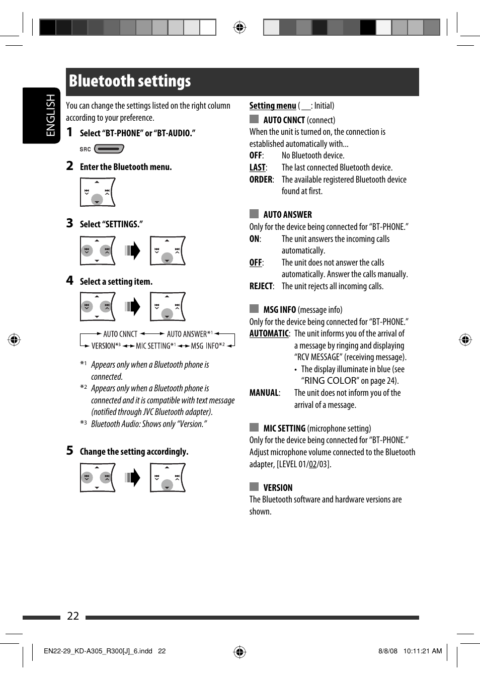 Bluetooth settings, English 22 | JVC KD-A305/KD-R300 User Manual | Page 22 / 111