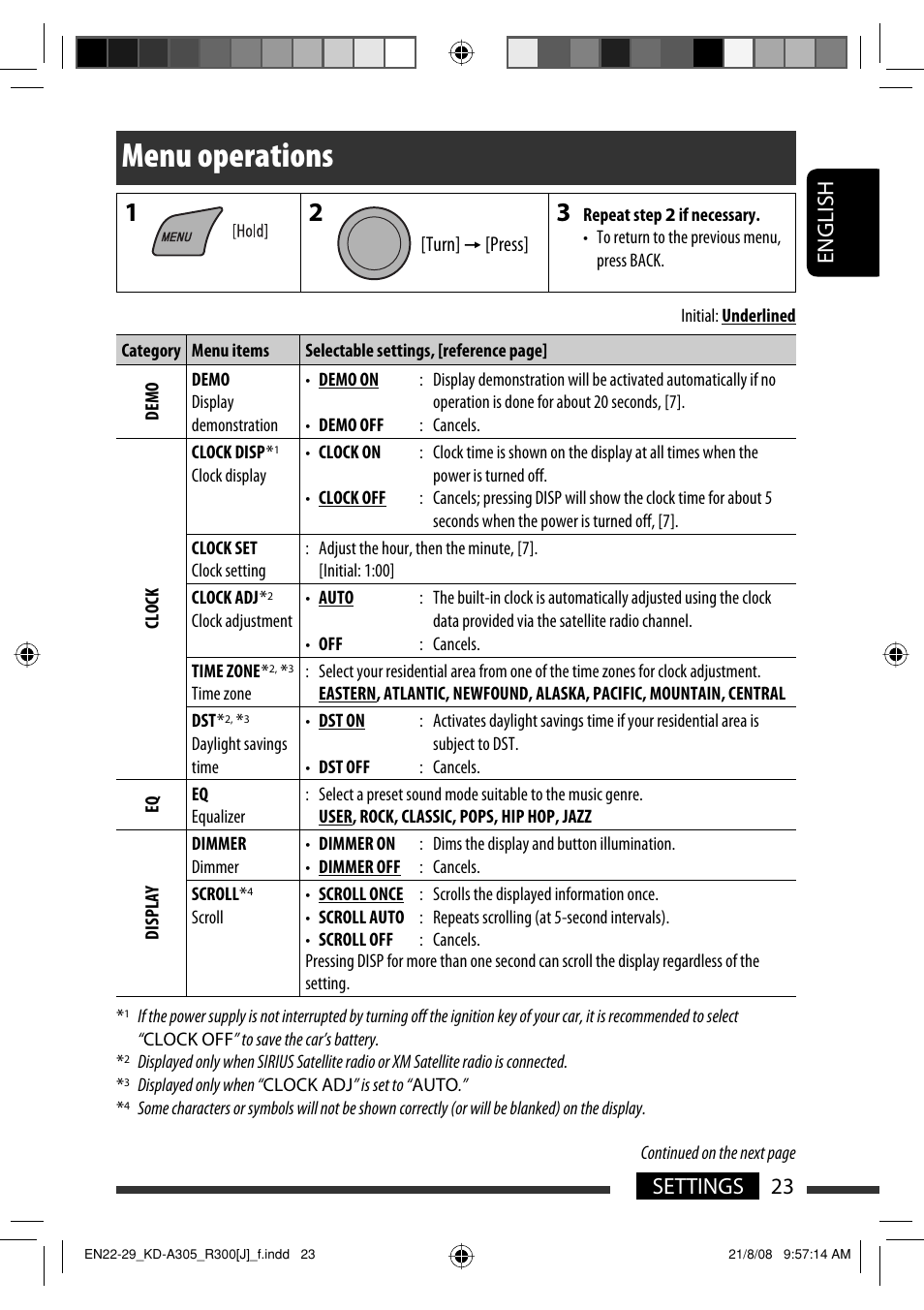 Menu operations, English 23 settings | JVC KD-A305/KD-R300 User Manual | Page 23 / 111