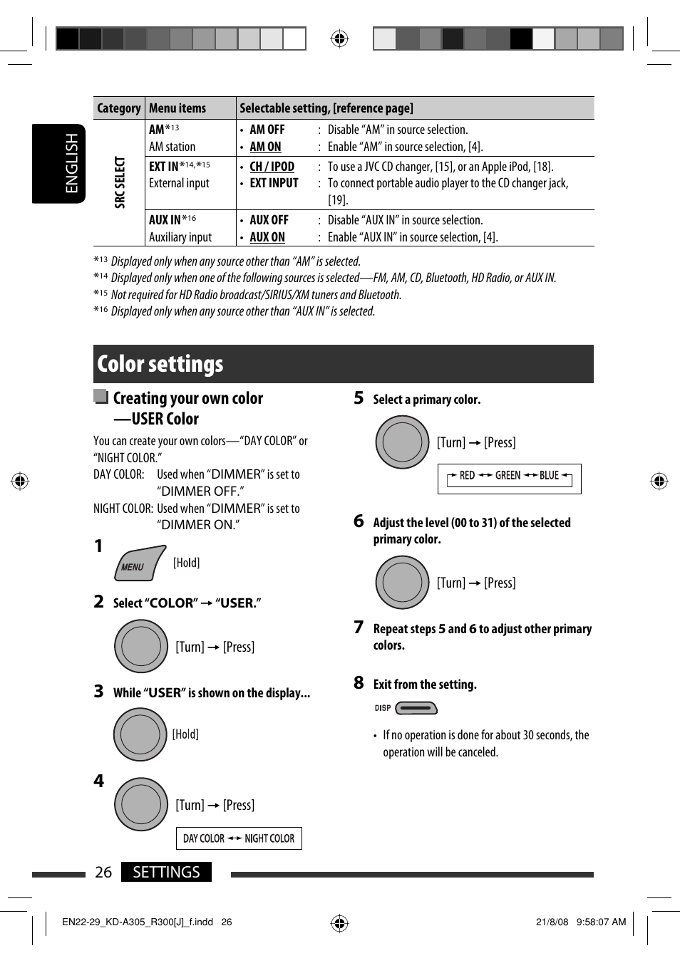 Color settings, Creating your own color —user color, English 26 settings | JVC KD-A305/KD-R300 User Manual | Page 26 / 111