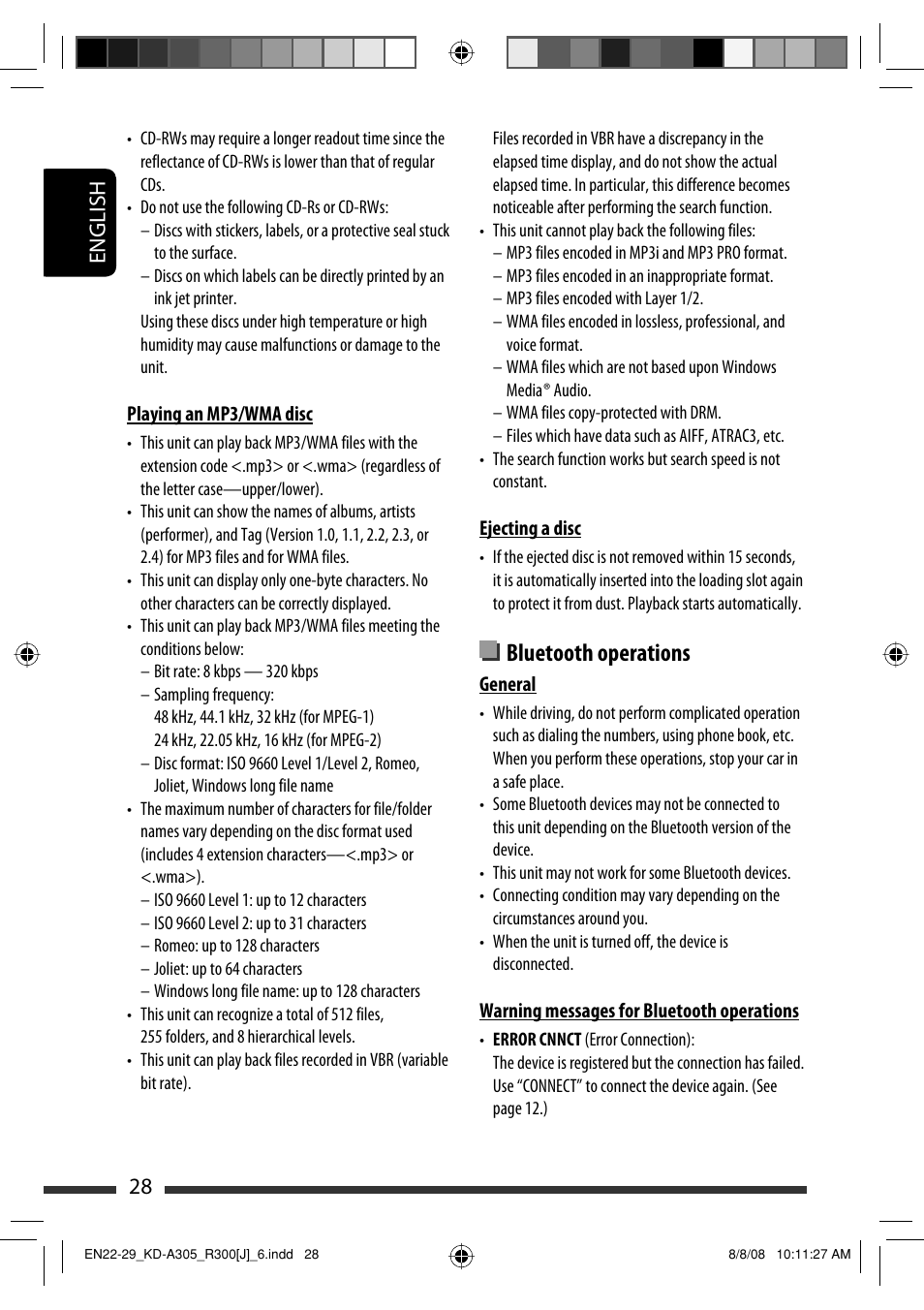 Bluetooth operations, English 28 | JVC KD-A305/KD-R300 User Manual | Page 28 / 111