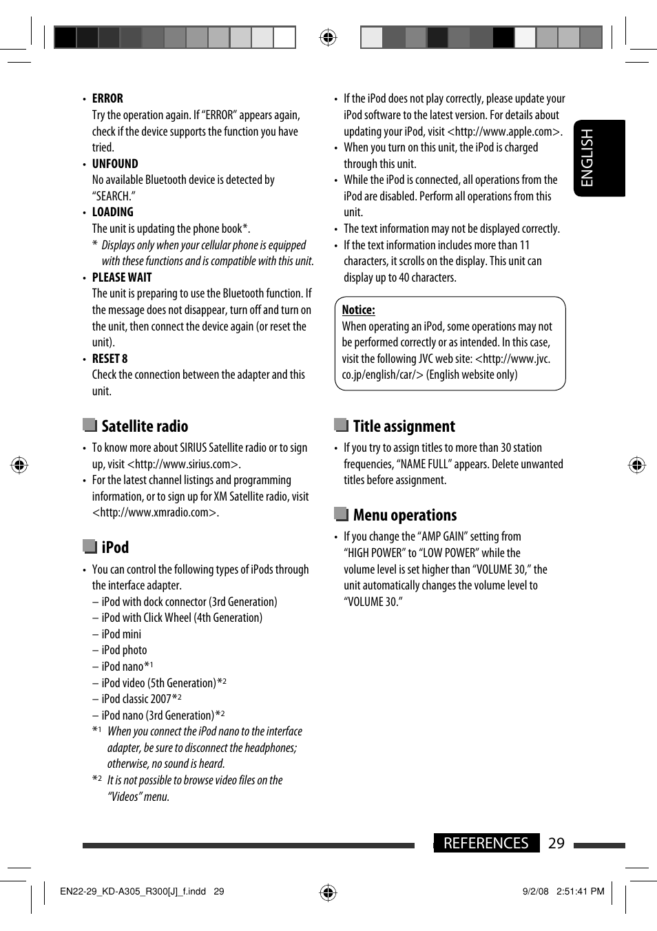 Satellite radio, Ipod, Title assignment | Menu operations, English 29 references | JVC KD-A305/KD-R300 User Manual | Page 29 / 111