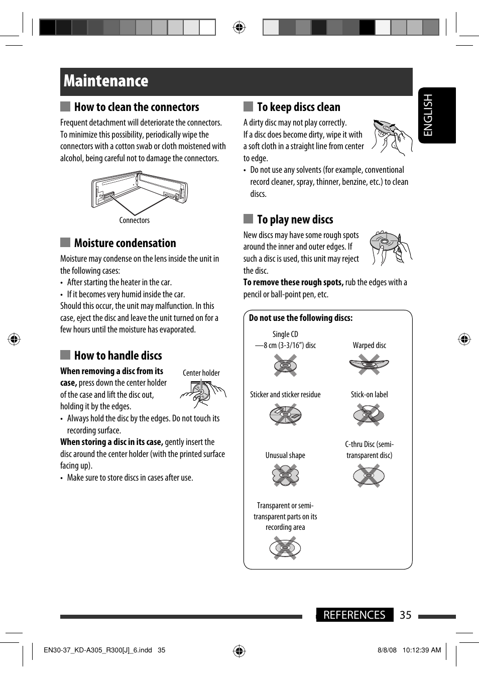 Maintenance, How to clean the connectors, Moisture condensation | How to handle discs, English 35 references | JVC KD-A305/KD-R300 User Manual | Page 35 / 111