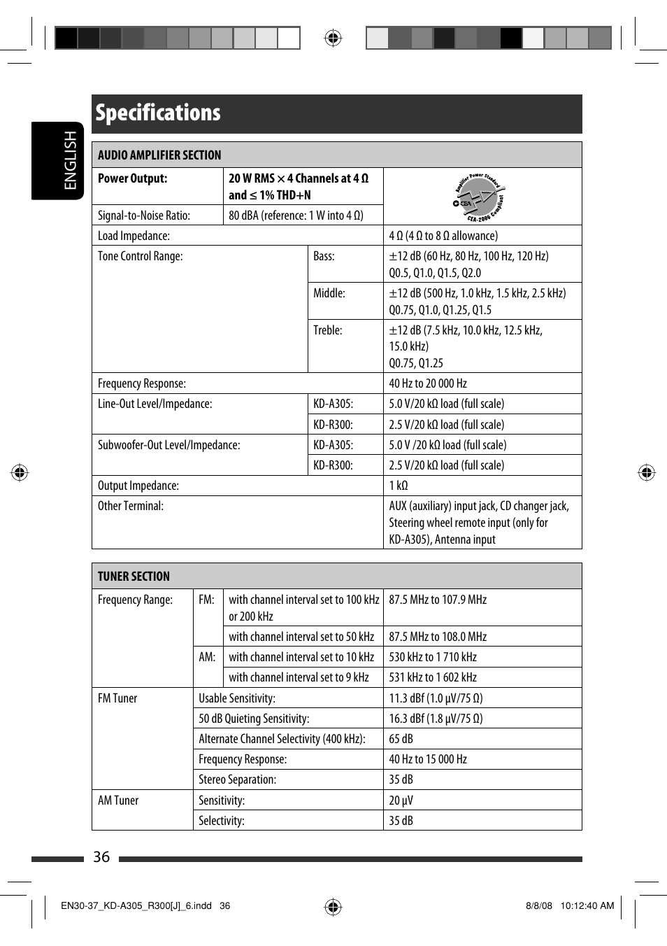 Specifications, English 36 | JVC KD-A305/KD-R300 User Manual | Page 36 / 111
