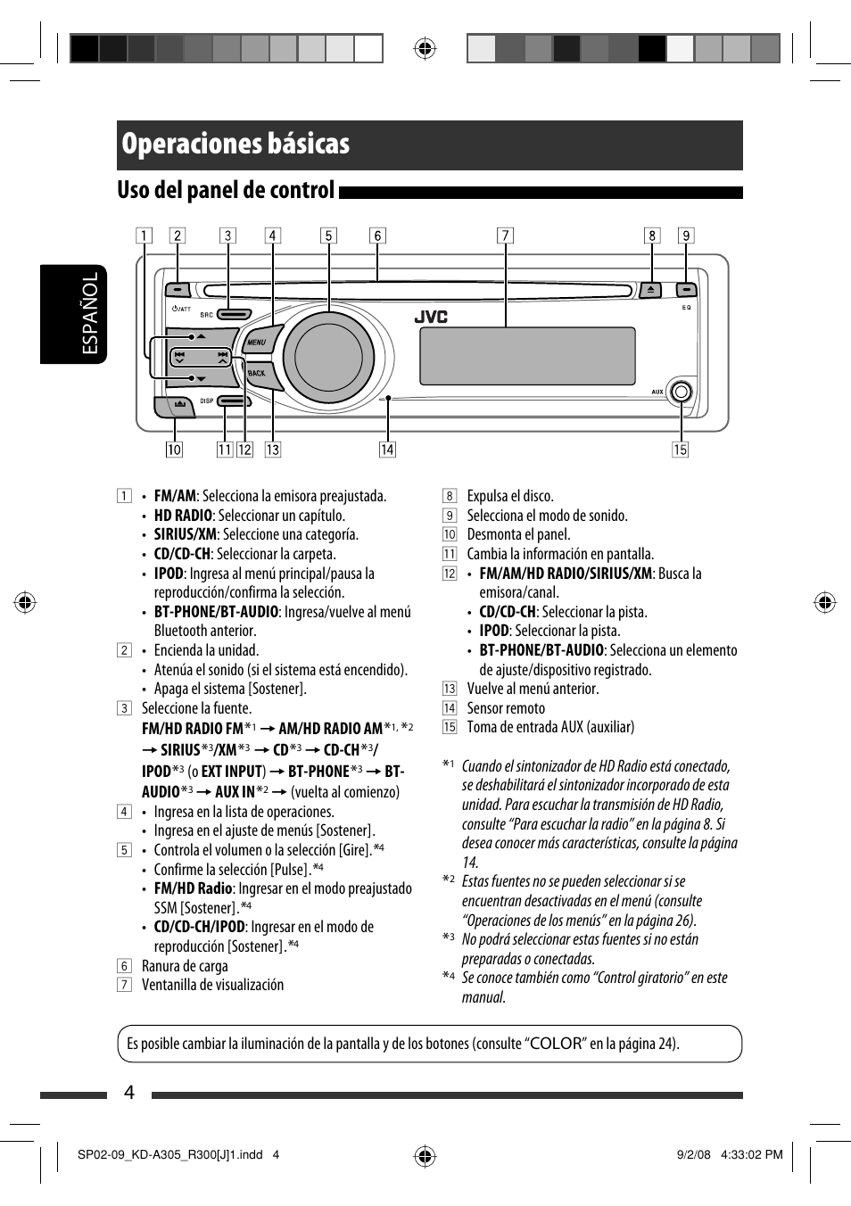 Operaciones básicas, Uso del panel de control, 4español | JVC KD-A305/KD-R300 User Manual | Page 40 / 111