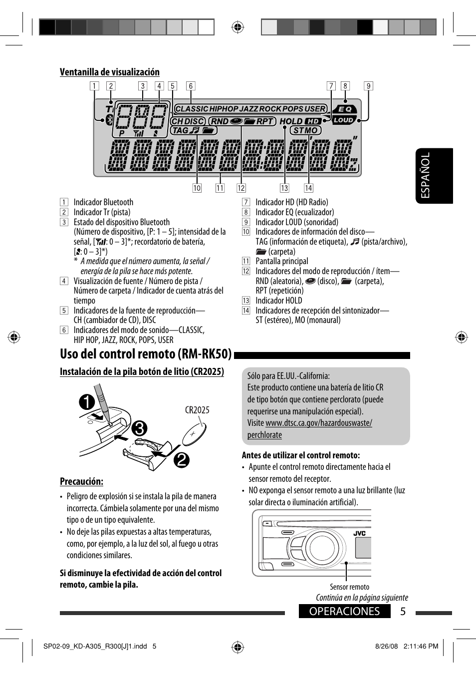 Uso del control remoto (rm-rk50), 5operaciones español | JVC KD-A305/KD-R300 User Manual | Page 41 / 111