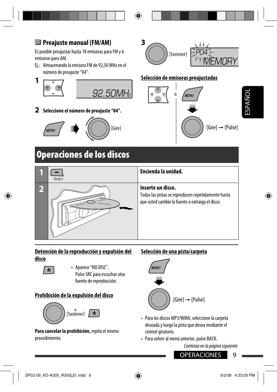 Operaciones de los discos, Preajuste manual (fm/am) | JVC KD-A305/KD-R300 User Manual | Page 45 / 111