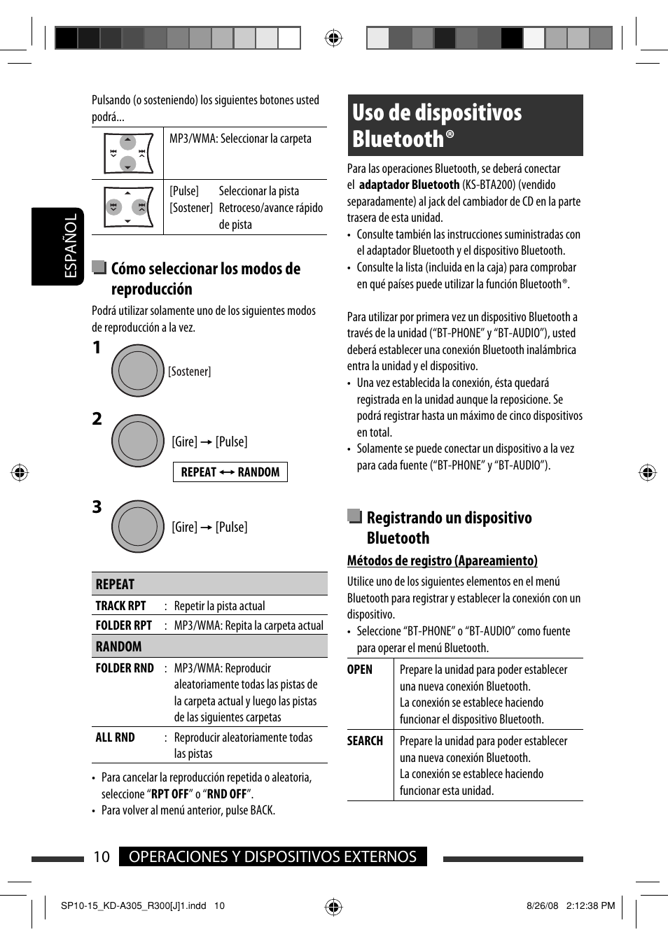 Uso de dispositivos bluetooth, Cómo seleccionar los modos de reproducción, Registrando un dispositivo bluetooth | JVC KD-A305/KD-R300 User Manual | Page 46 / 111