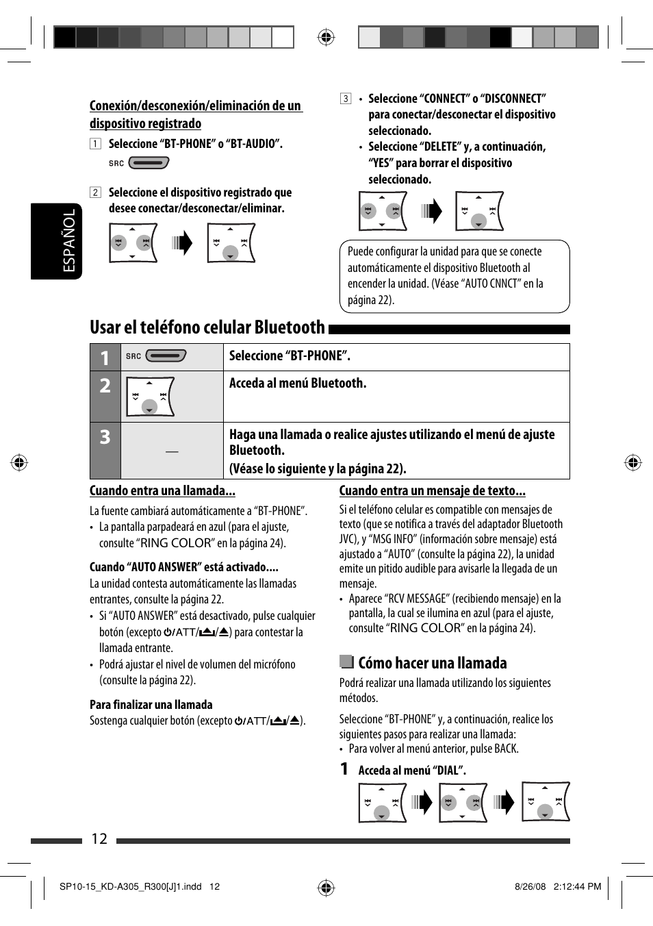 Usar el teléfono celular bluetooth, Cómo hacer una llamada | JVC KD-A305/KD-R300 User Manual | Page 48 / 111