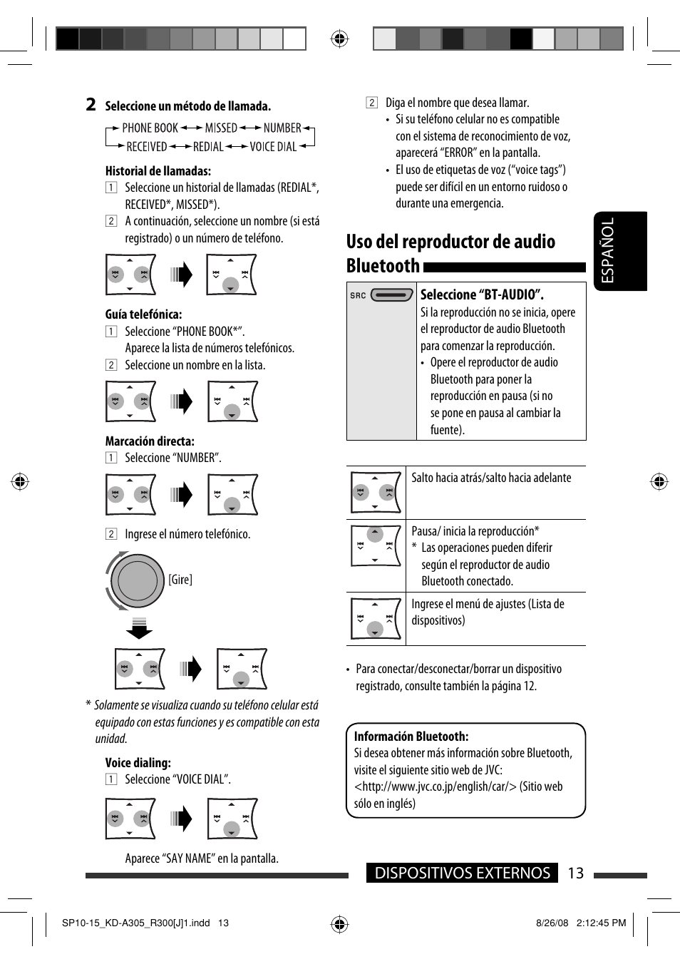 Uso del reproductor de audio bluetooth, 13 dispositivos externos español | JVC KD-A305/KD-R300 User Manual | Page 49 / 111