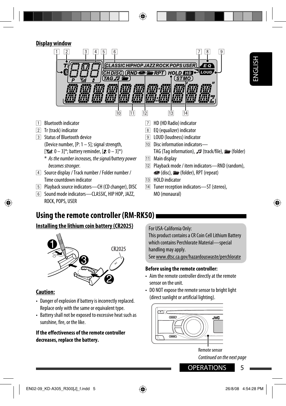 Using the remote controller (rm-rk50), English 5 operations | JVC KD-A305/KD-R300 User Manual | Page 5 / 111