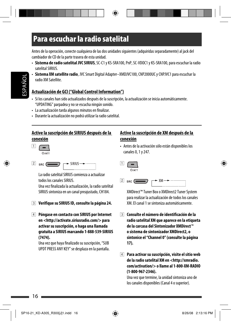 Para escuchar la radio satelital, 16 español | JVC KD-A305/KD-R300 User Manual | Page 52 / 111