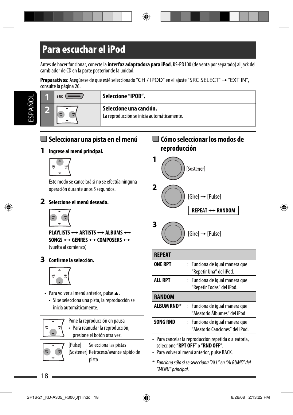 Para escuchar el ipod, Seleccionar una pista en el menú, Cómo seleccionar los modos de reproducción | JVC KD-A305/KD-R300 User Manual | Page 54 / 111