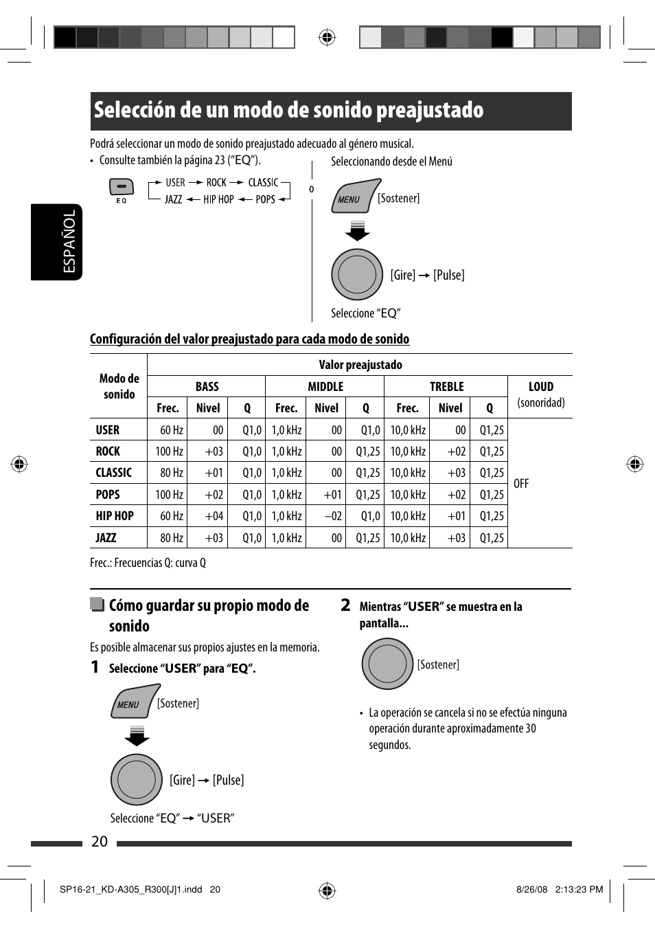 Selección de un modo de sonido preajustado, Cómo guardar su propio modo de sonido, 20 español | JVC KD-A305/KD-R300 User Manual | Page 56 / 111