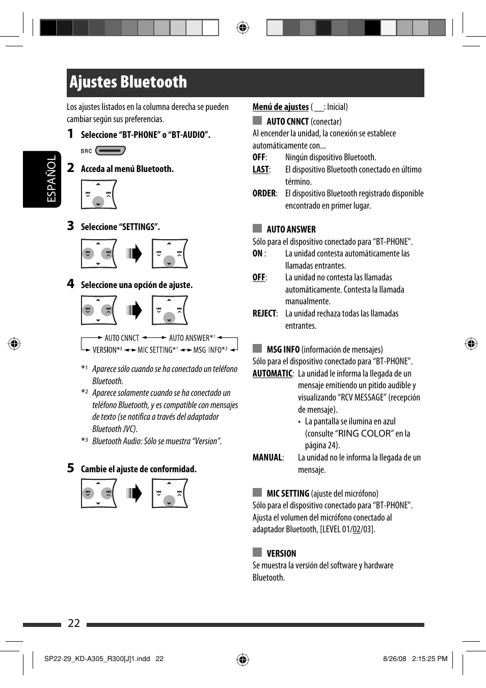 Ajustes bluetooth, 22 español | JVC KD-A305/KD-R300 User Manual | Page 58 / 111