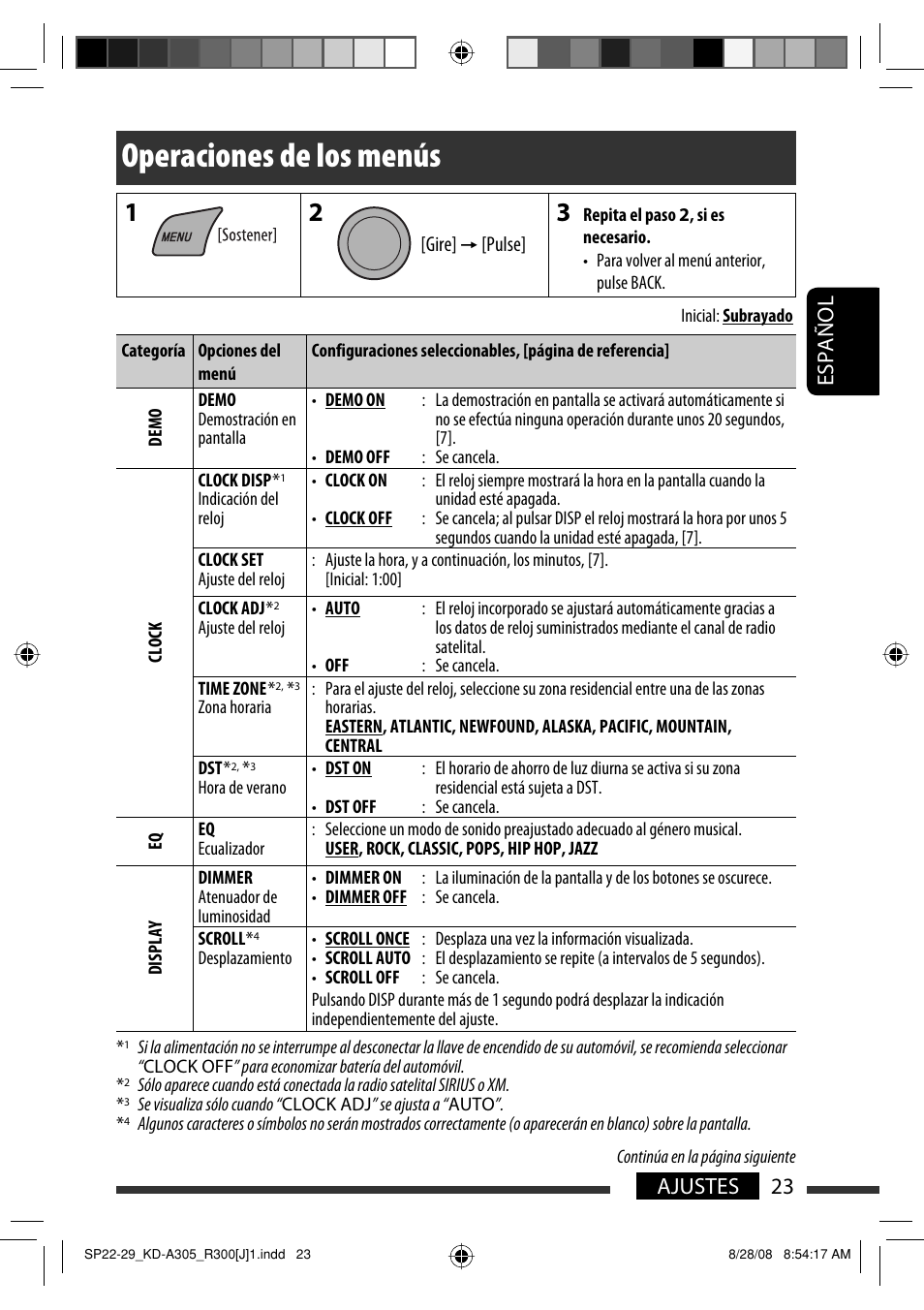 Operaciones de los menús, 23 ajustes español | JVC KD-A305/KD-R300 User Manual | Page 59 / 111