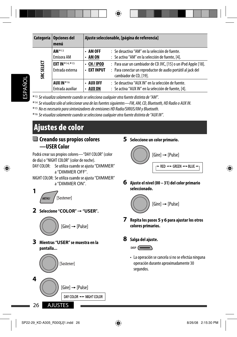 Ajustes de color, Creando sus propios colores —user color, 26 ajustes español | JVC KD-A305/KD-R300 User Manual | Page 62 / 111