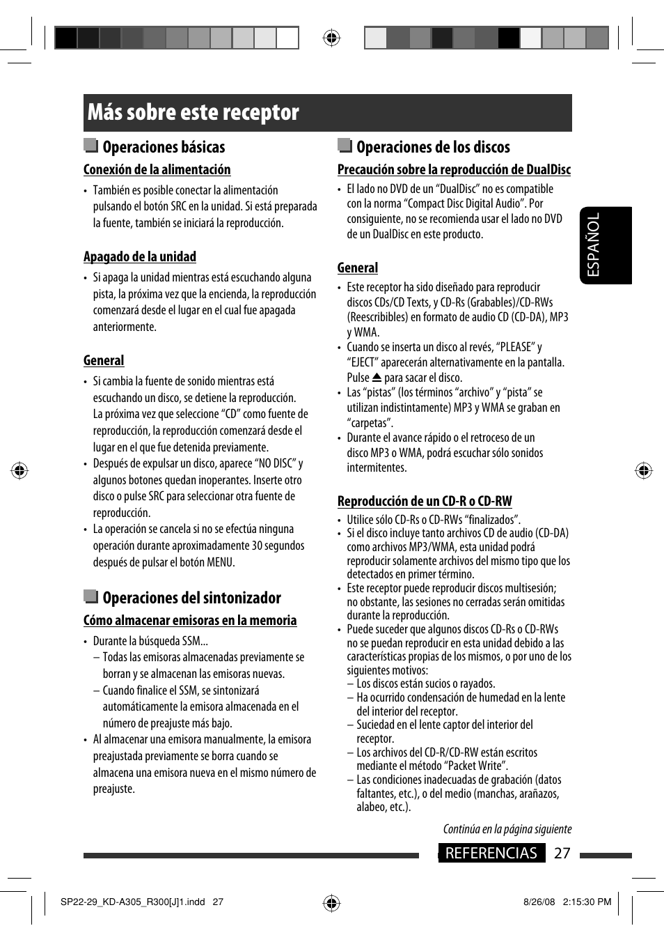 Más sobre este receptor, Operaciones básicas, Operaciones del sintonizador | Operaciones de los discos, 27 referencias español | JVC KD-A305/KD-R300 User Manual | Page 63 / 111