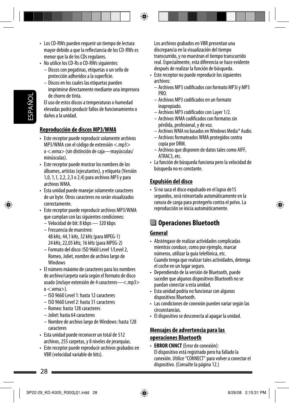 Operaciones bluetooth, 28 español | JVC KD-A305/KD-R300 User Manual | Page 64 / 111