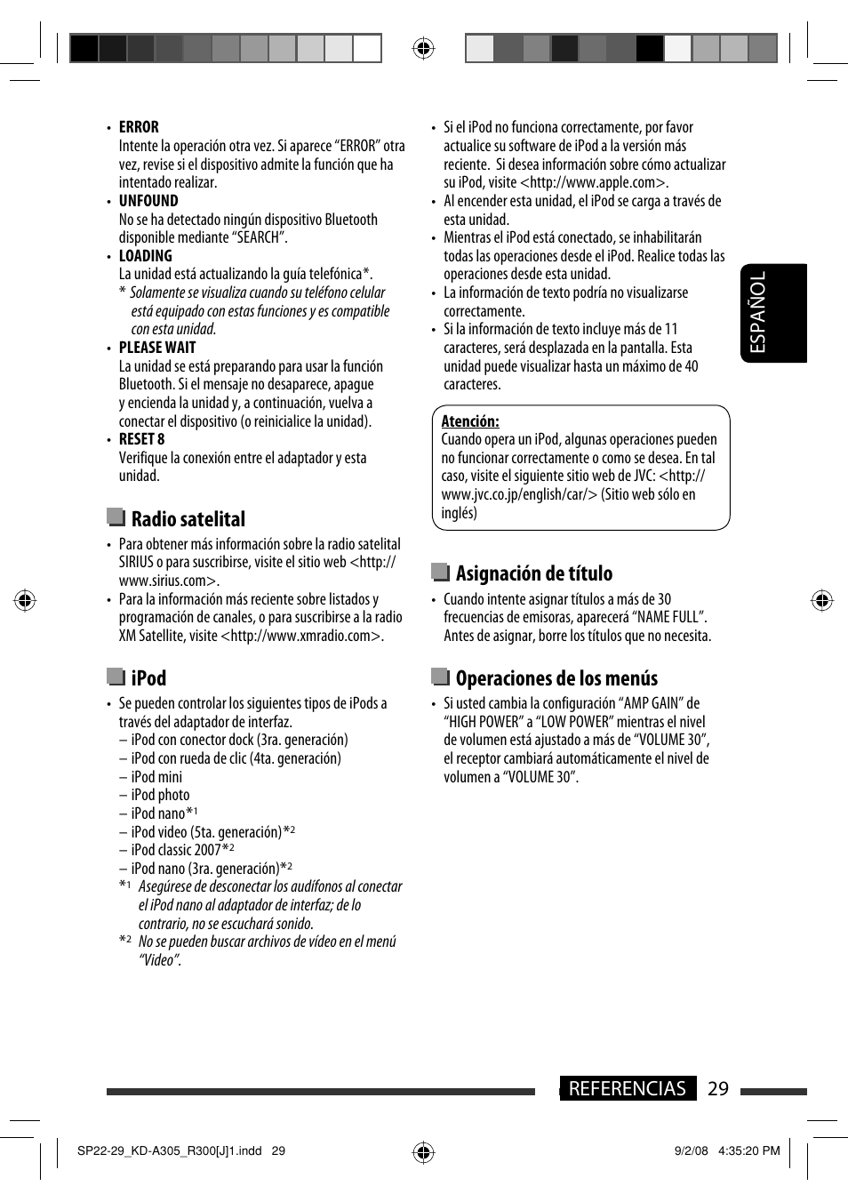 Radio satelital, Ipod, Asignación de título | Operaciones de los menús, 29 referencias español | JVC KD-A305/KD-R300 User Manual | Page 65 / 111