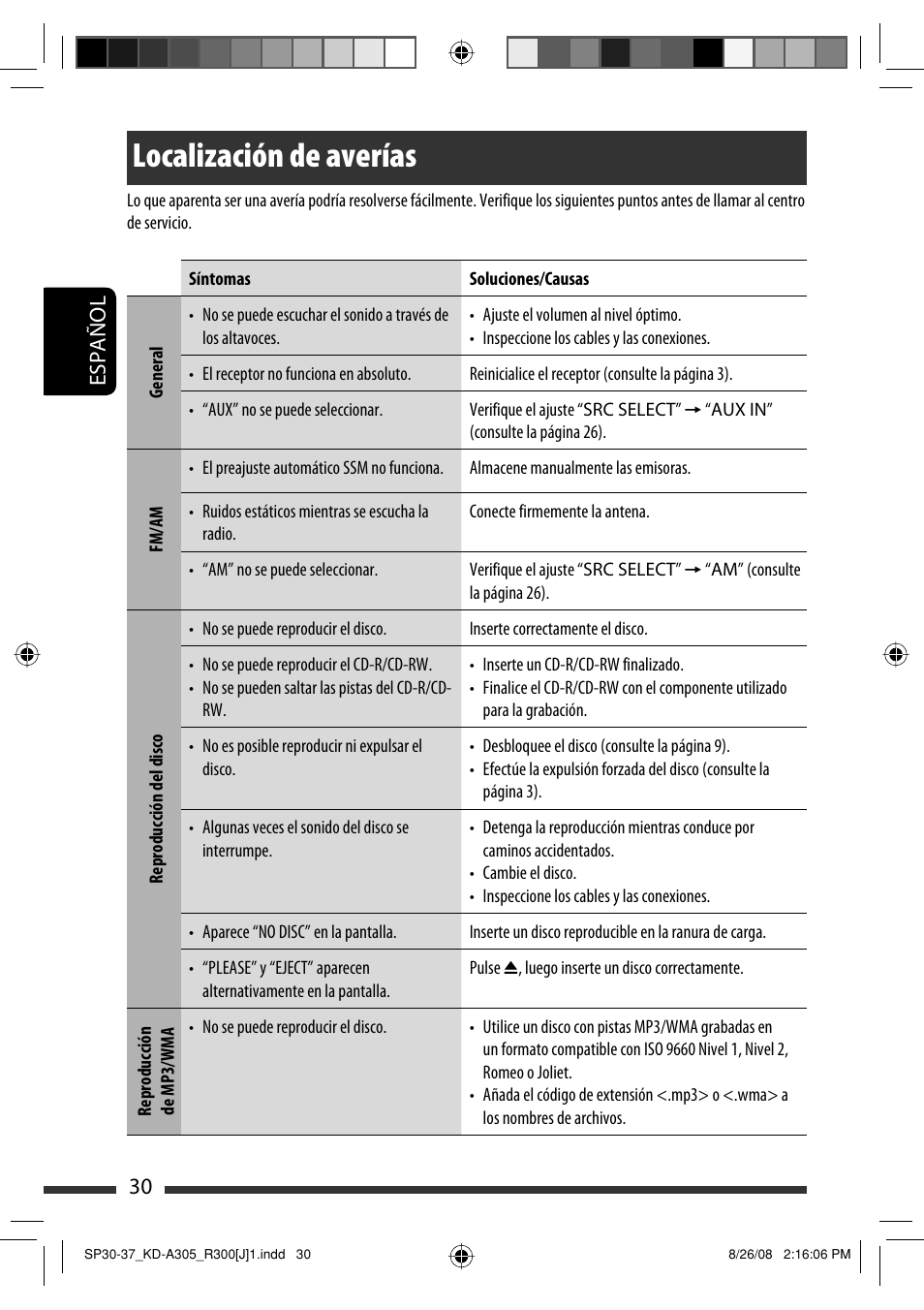 Localización de averías, 30 español | JVC KD-A305/KD-R300 User Manual | Page 66 / 111