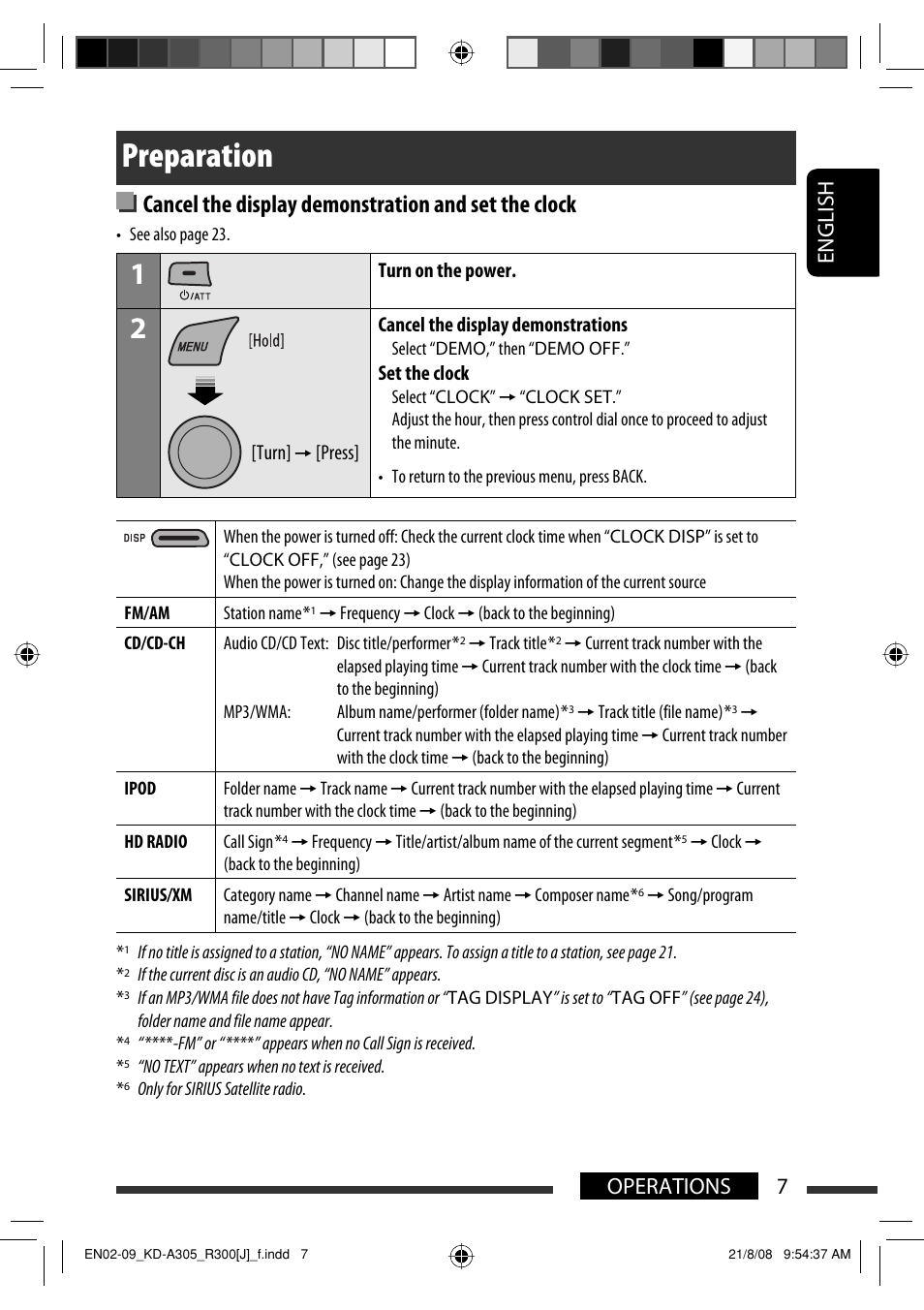 Preparation, Cancel the display demonstration and set the clock, English 7 operations | JVC KD-A305/KD-R300 User Manual | Page 7 / 111