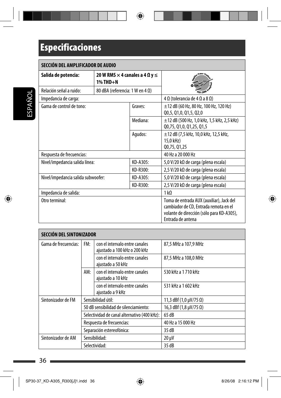 Especificaciones, 36 español | JVC KD-A305/KD-R300 User Manual | Page 72 / 111