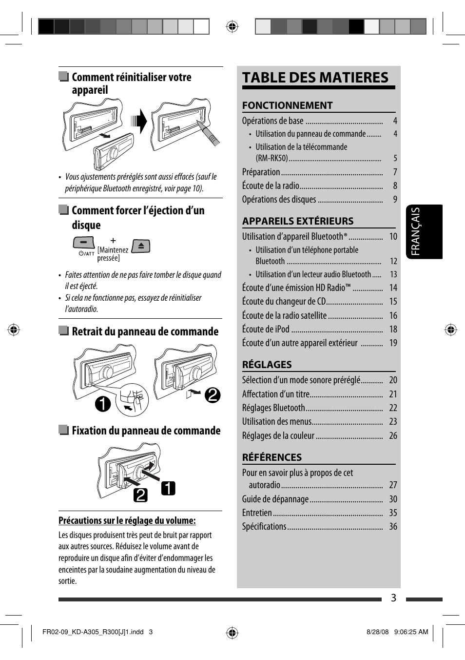 Table des matieres, Comment réinitialiser votre appareil, Comment forcer l’éjection d’un disque | JVC KD-A305/KD-R300 User Manual | Page 75 / 111