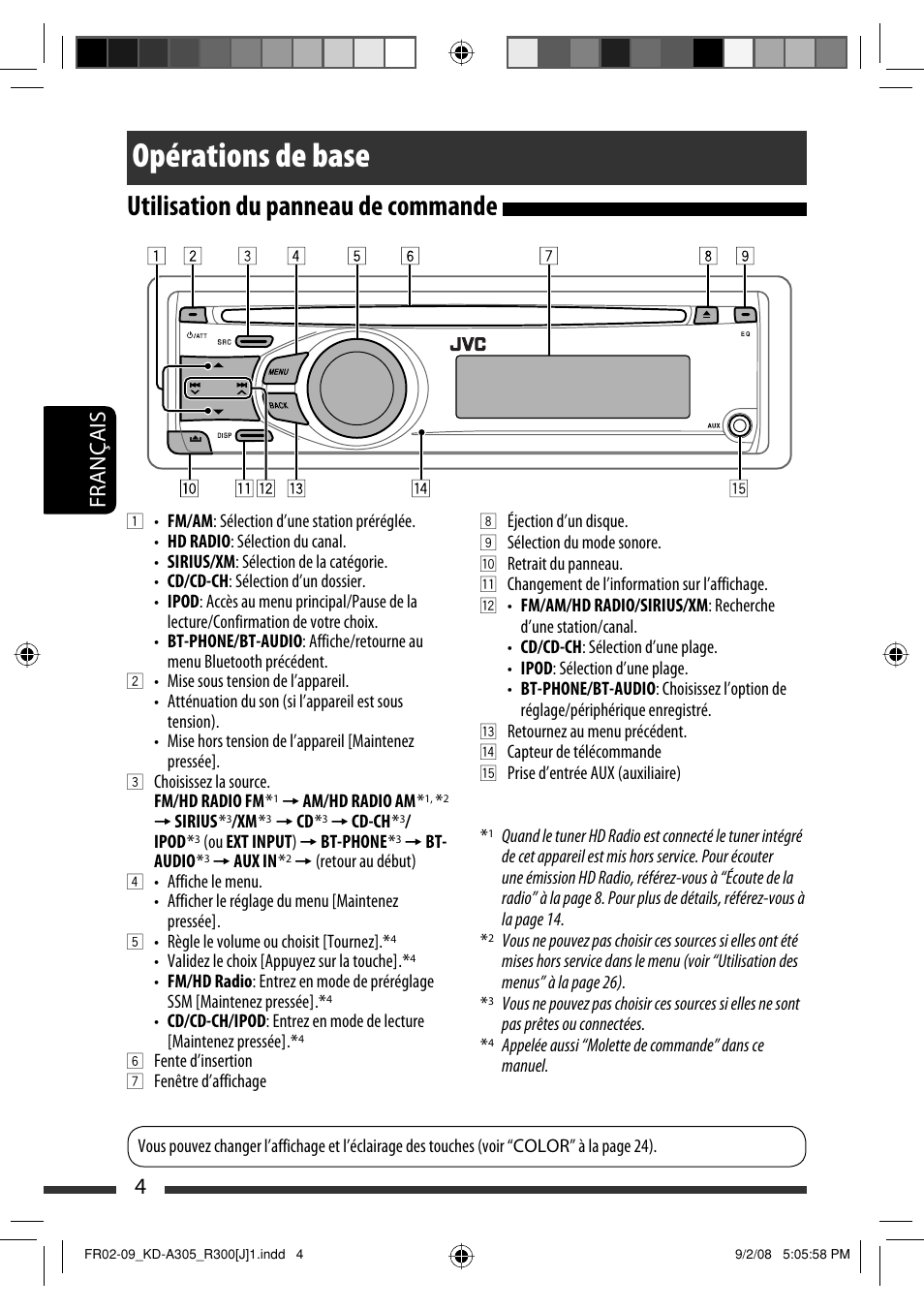 Opérations de base, Utilisation du panneau de commande, 4français | JVC KD-A305/KD-R300 User Manual | Page 76 / 111