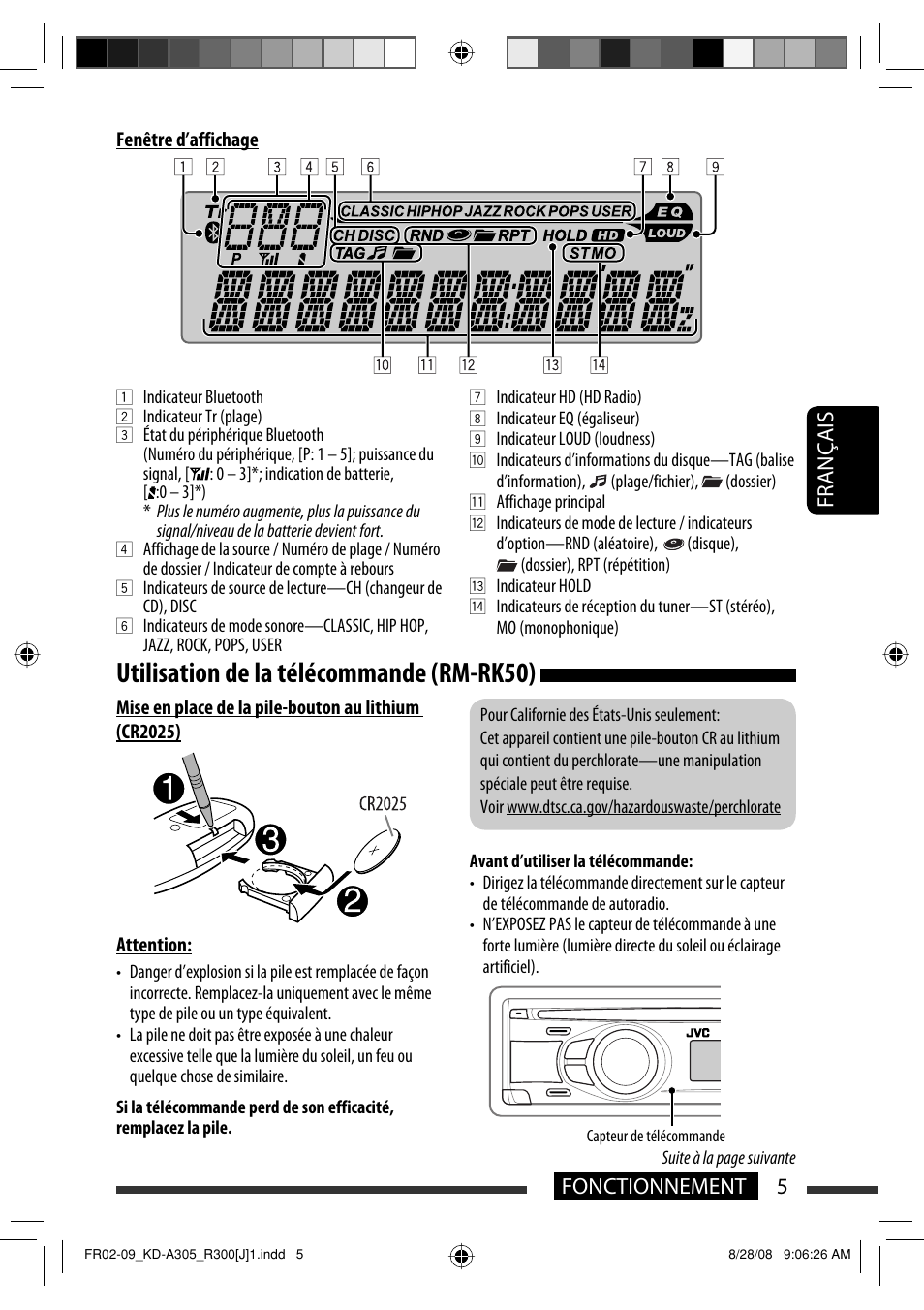 Utilisation de la télécommande (rm-rk50), 5fonctionnement français | JVC KD-A305/KD-R300 User Manual | Page 77 / 111