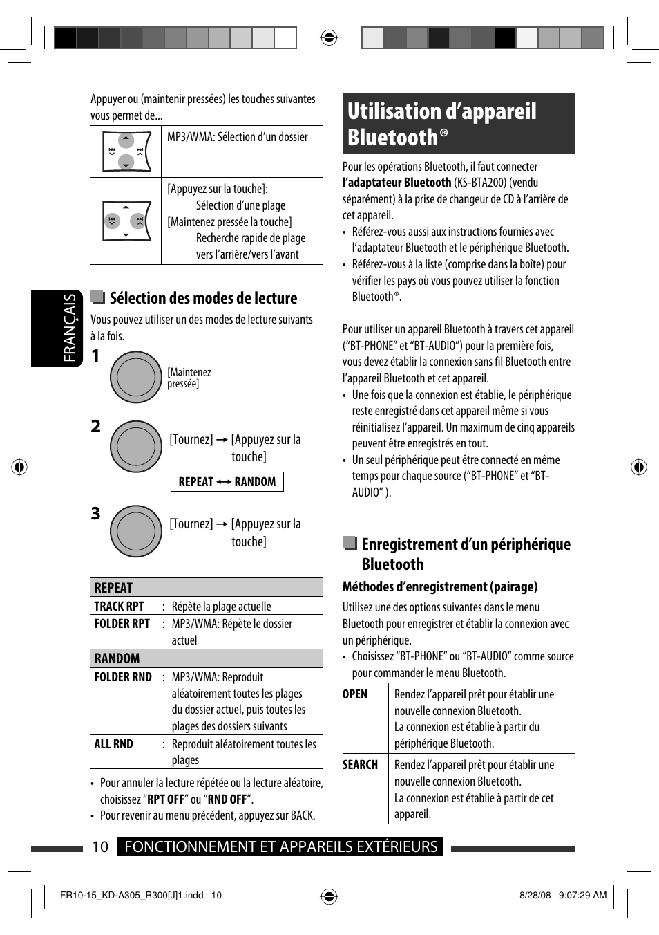 Utilisation d’appareil bluetooth, Sélection des modes de lecture, Enregistrement d’un périphérique bluetooth | JVC KD-A305/KD-R300 User Manual | Page 82 / 111