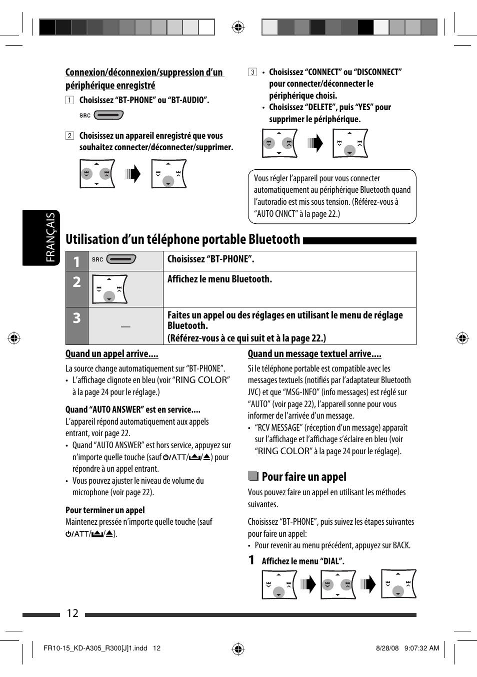 Utilisation d’un téléphone portable bluetooth, Pour faire un appel | JVC KD-A305/KD-R300 User Manual | Page 84 / 111