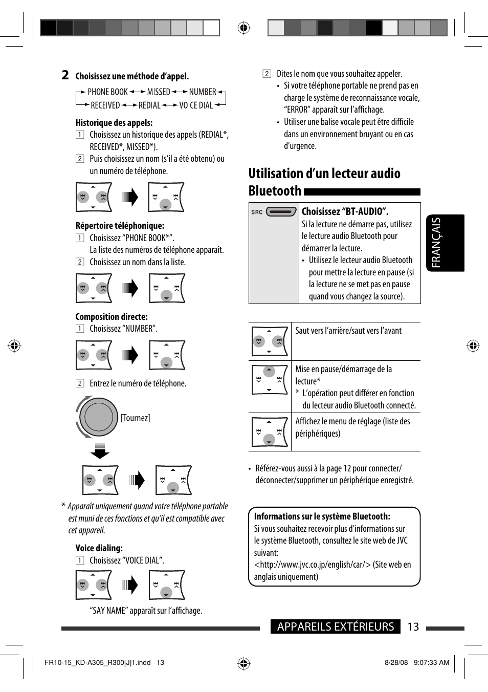 Utilisation d’un lecteur audio bluetooth, 13 appareils extérieurs français | JVC KD-A305/KD-R300 User Manual | Page 85 / 111