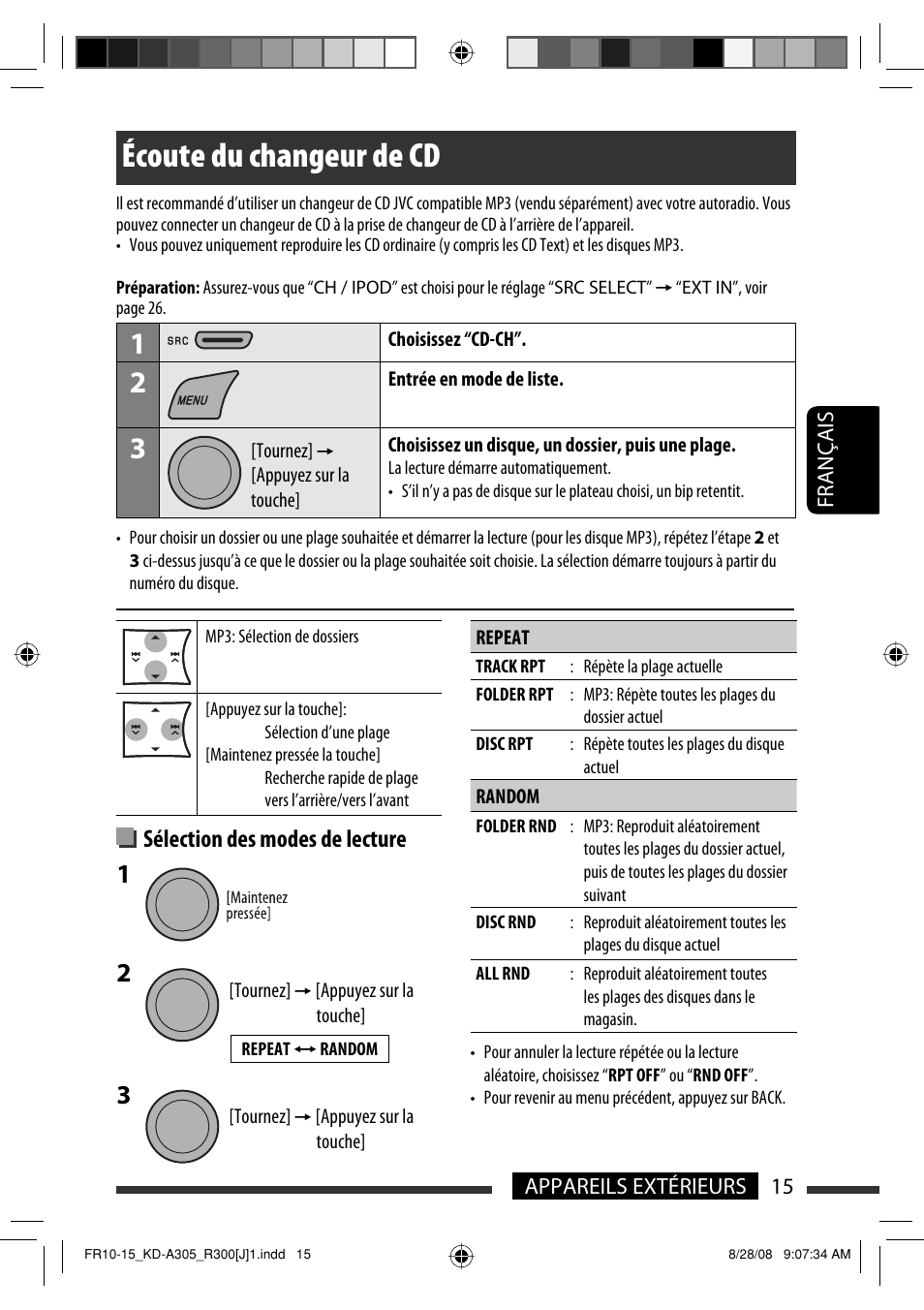 Écoute du changeur de cd, Sélection des modes de lecture | JVC KD-A305/KD-R300 User Manual | Page 87 / 111