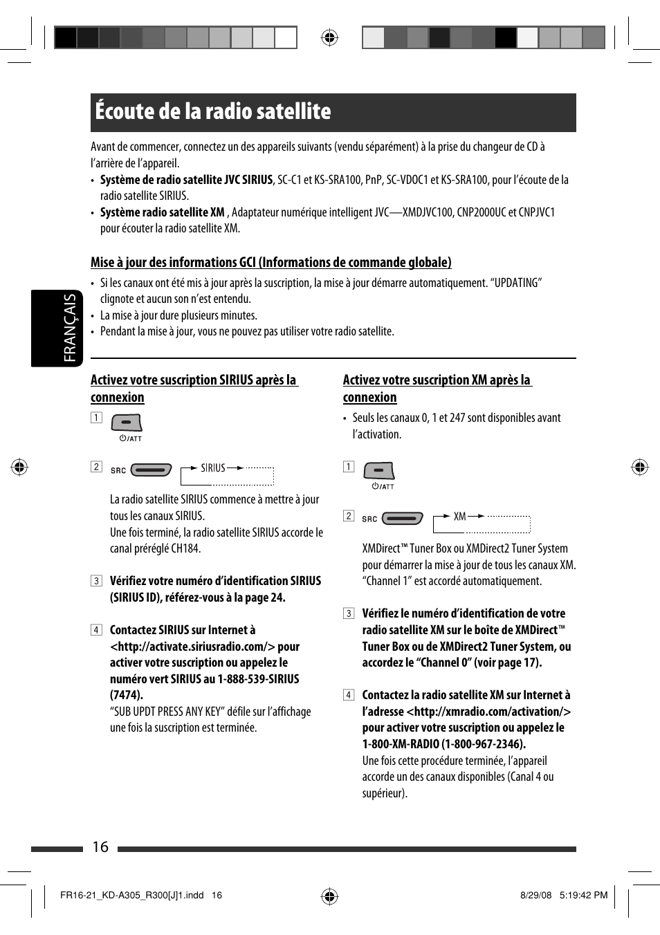 Écoute de la radio satellite, 16 français | JVC KD-A305/KD-R300 User Manual | Page 88 / 111
