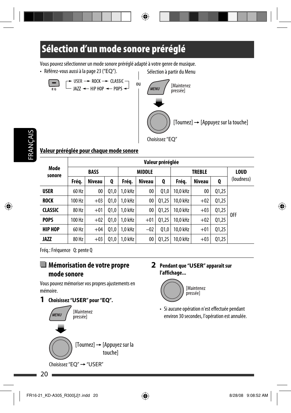 Sélection d’un mode sonore préréglé, Mémorisation de votre propre mode sonore, 20 français | JVC KD-A305/KD-R300 User Manual | Page 92 / 111