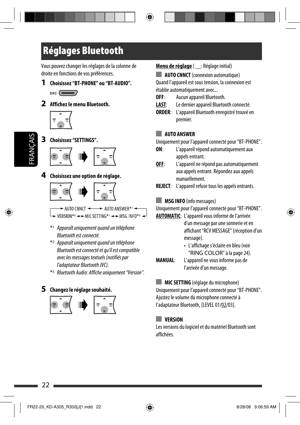 Réglages bluetooth, 22 français | JVC KD-A305/KD-R300 User Manual | Page 94 / 111