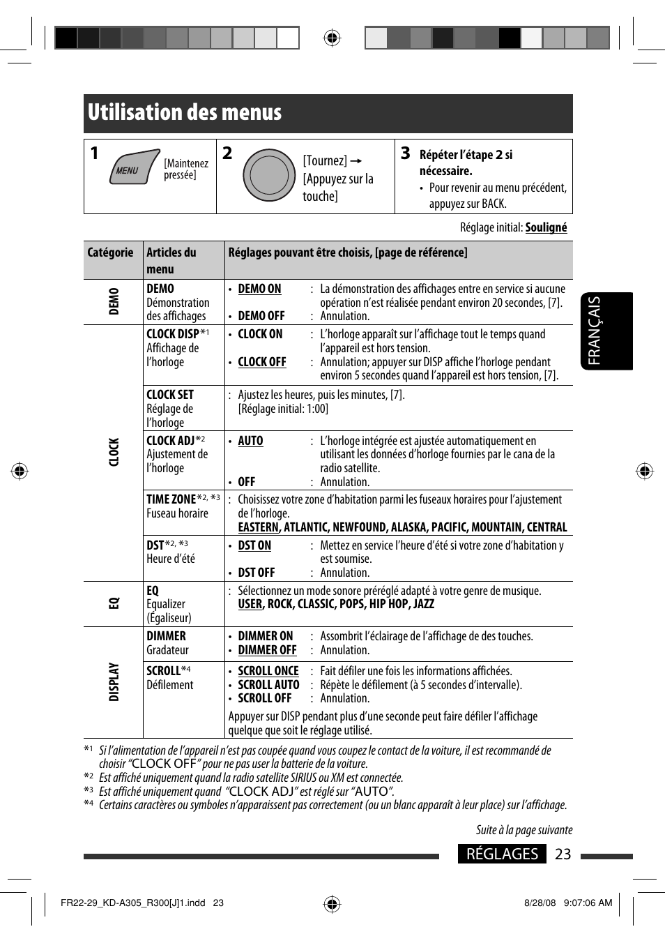 Utilisation des menus, 23 réglages français | JVC KD-A305/KD-R300 User Manual | Page 95 / 111