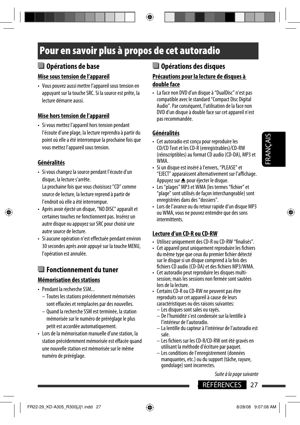 Pour en savoir plus à propos de cet autoradio, Opérations de base, Fonctionnement du tuner | Opérations des disques, 27 références français | JVC KD-A305/KD-R300 User Manual | Page 99 / 111