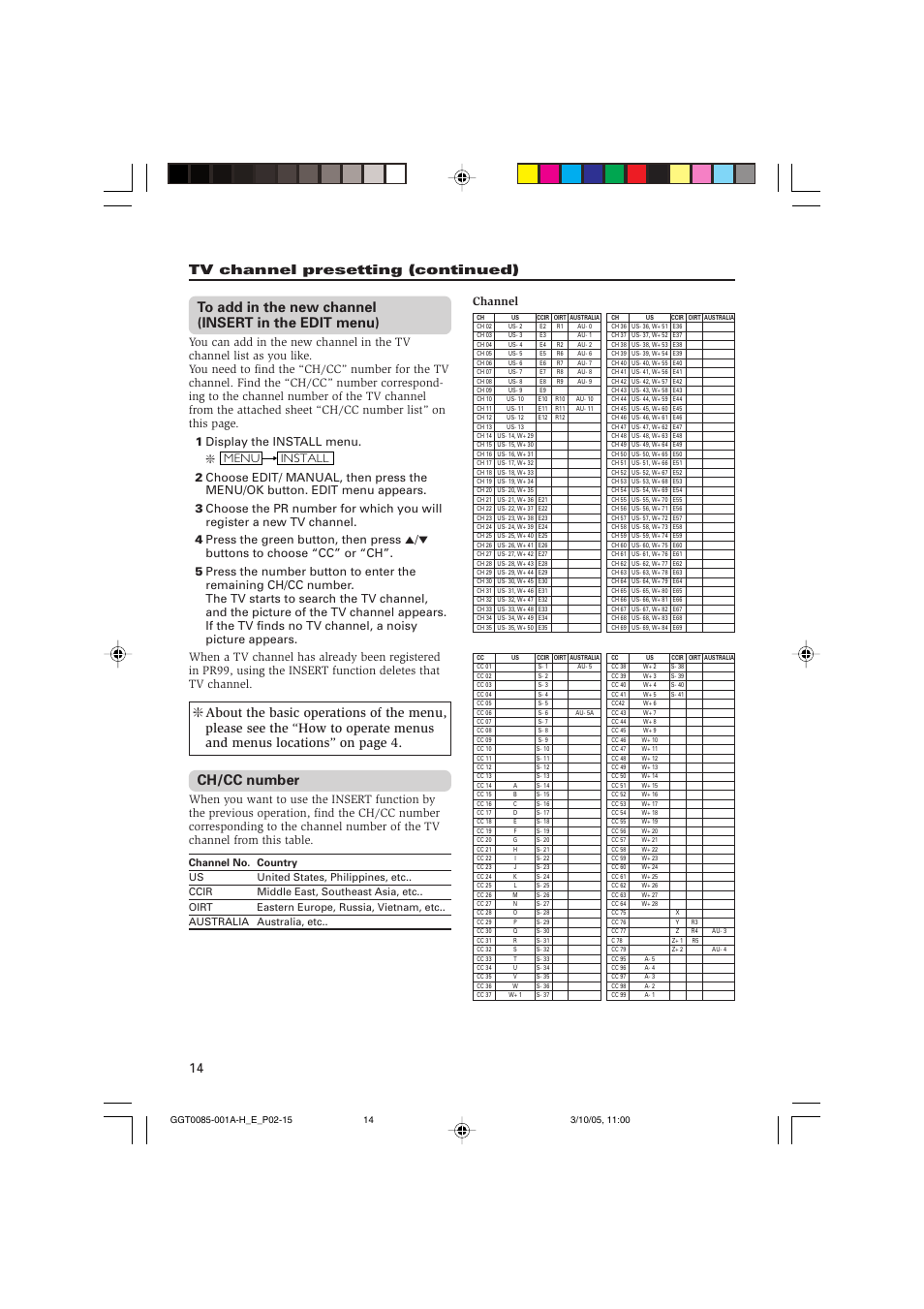 Ch/cc number, 14 tv channel presetting (continued), Channel | JVC AV-2105WE User Manual | Page 14 / 16