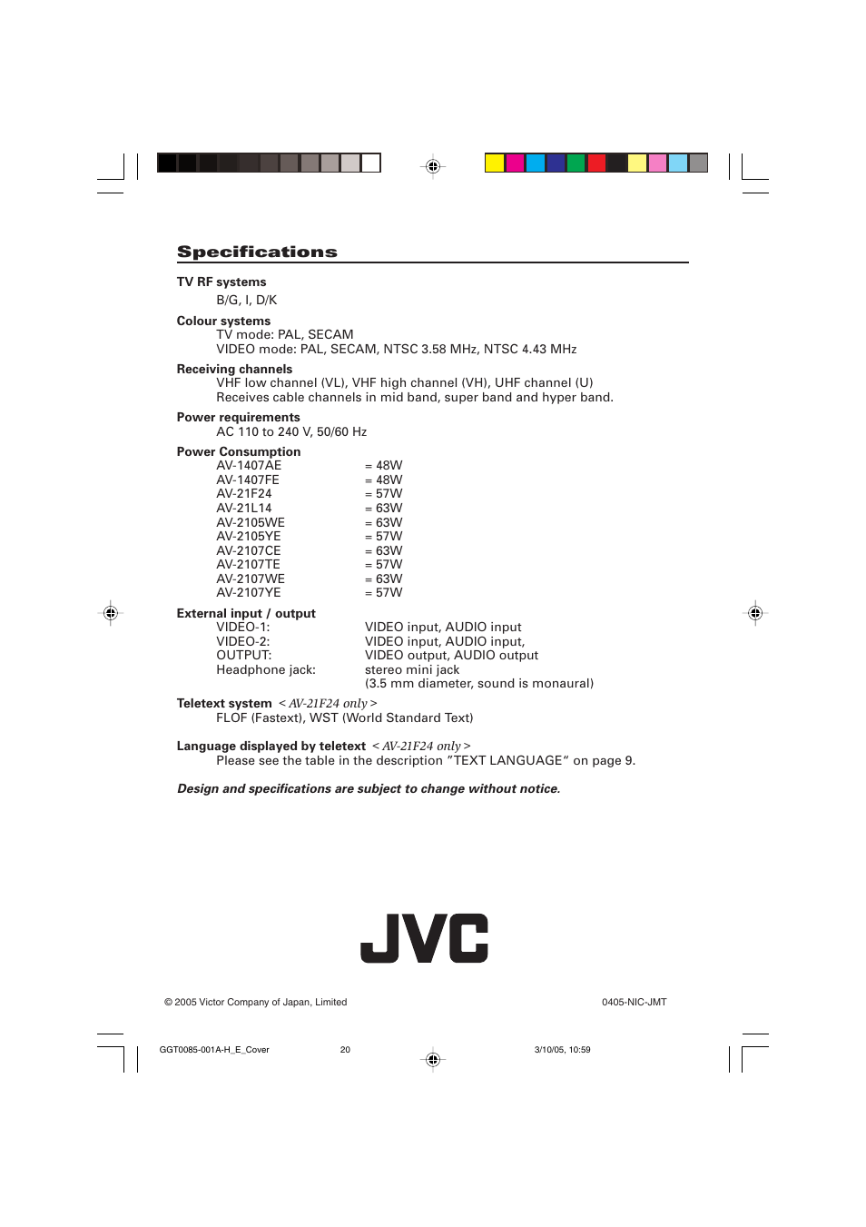 Specifications | JVC AV-2105WE User Manual | Page 16 / 16