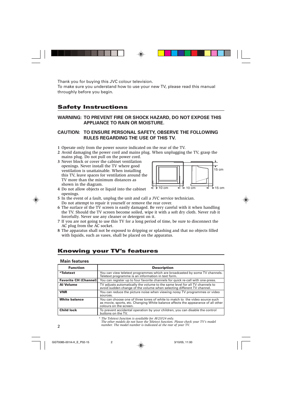 Safety instructions, Knowing your tv’s features | JVC AV-2105WE User Manual | Page 2 / 16