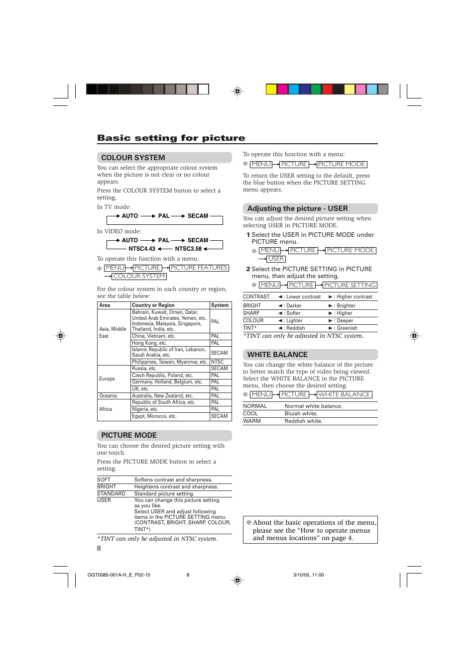 Basic setting for picture | JVC AV-2105WE User Manual | Page 8 / 16