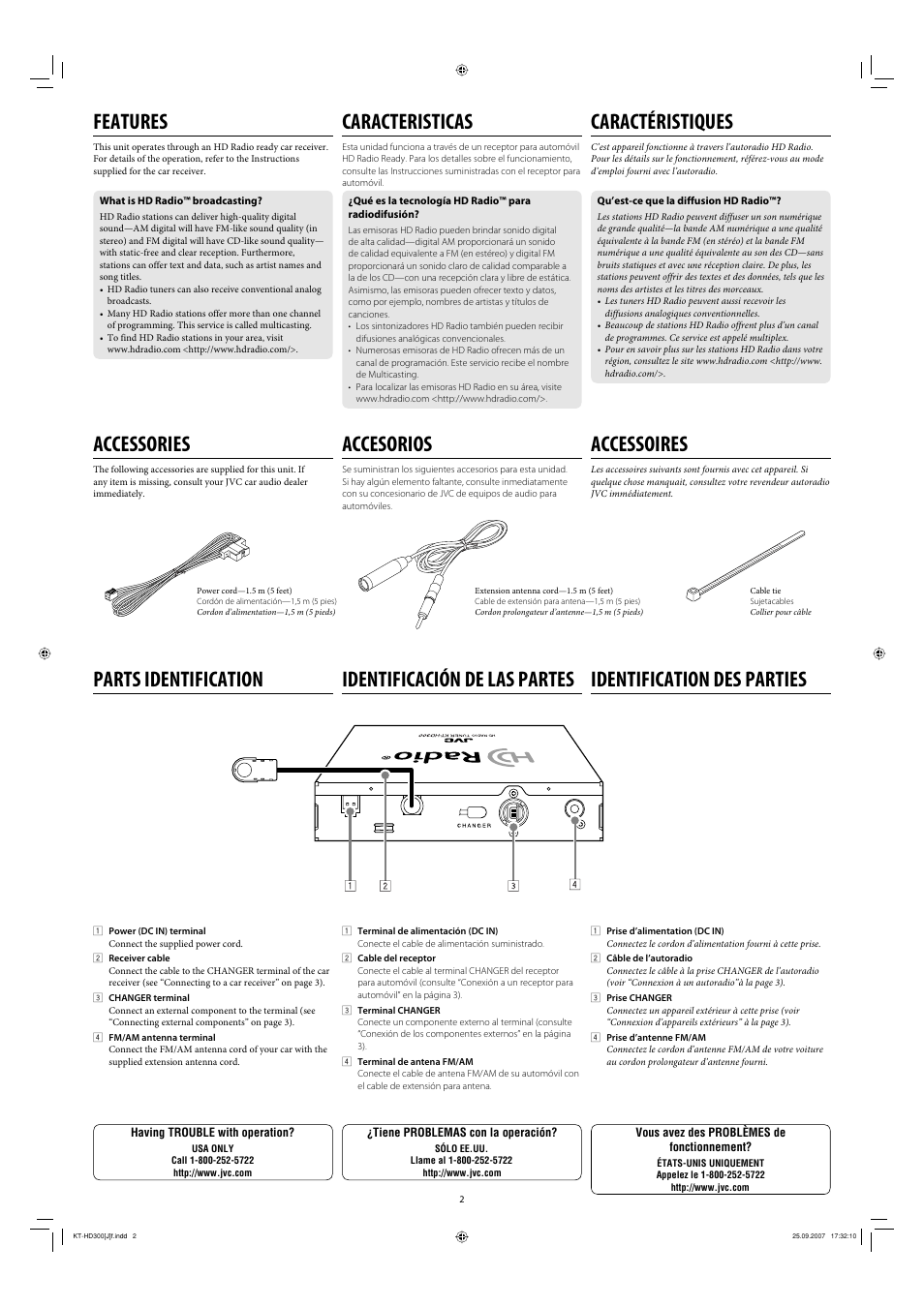 Identificación de las partes features, Parts identification identification des parties, Accessories | Accesorios, Accessoires, Caracteristicas, Caractéristiques | JVC MODULE DE TUNER HD RADIO KT-HD300 User Manual | Page 2 / 4