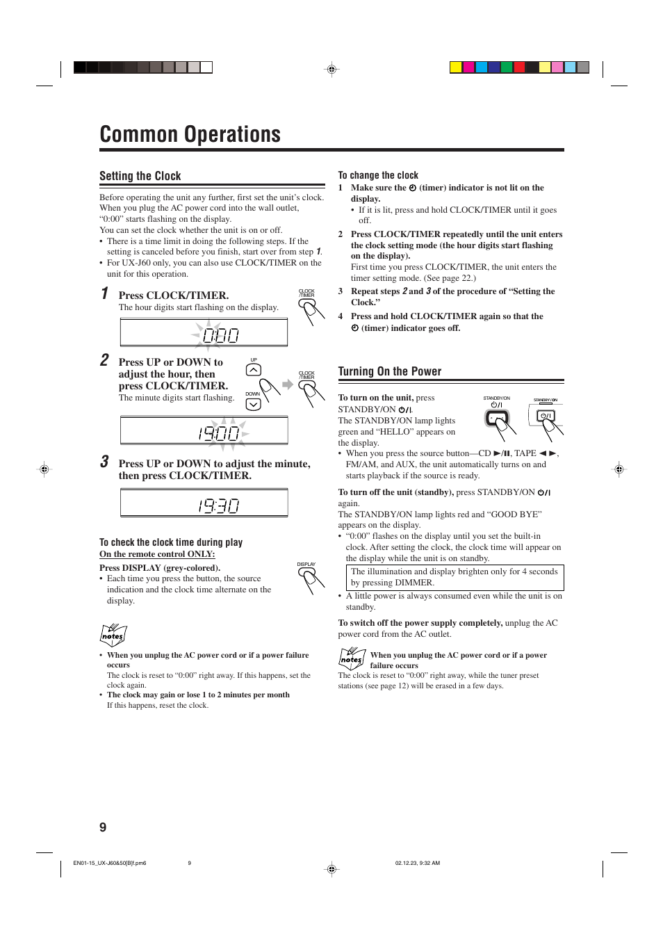 Common operations, Setting the clock, Turning on the power | JVC SP-UXJ60 User Manual | Page 12 / 32